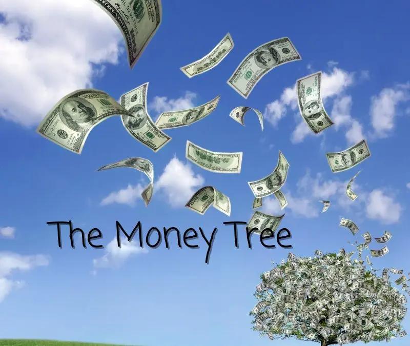 the money tree tree with money as leaves and money flying in the air